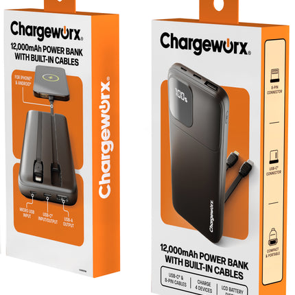12,000 MAH POWER BANK WITH BUILT-IN CABLES