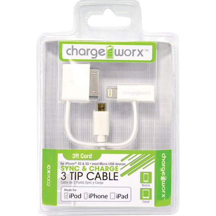 CX9002WH Sync & Charge Micro USB Cable with Lightning & 30 Pin Tip, White
