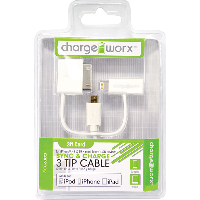 CX9002WH Sync & Charge Micro USB Cable with Lightning & 30 Pin Tip, White