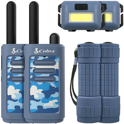 16-Mile Compact Two-Way Radio/Walkie Talkie with LED Flashlight & Headlamp Bundle, Blue