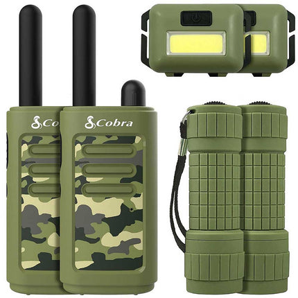 16-Mile Compact Two-Way Radio/Walkie Talkie with LED Flashlight & Headlamp Bundle, Green