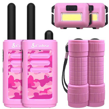 16-Mile Compact Two-Way Radio/Walkie Talkie with LED Flashlight & Headlamp Bundle, Pink