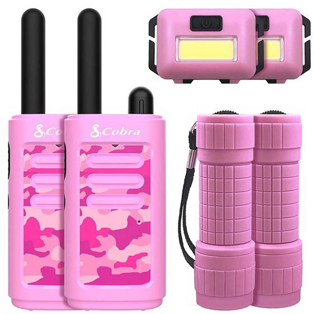 16-Mile Compact Two-Way Radio/Walkie Talkie with LED Flashlight & Headlamp Bundle, Pink