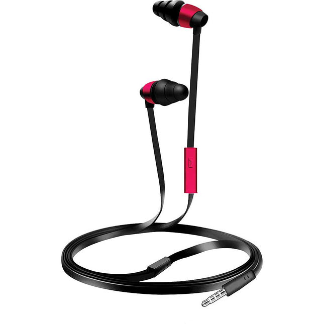 Tangle-Free Flat Cable Stereo Earbuds w/Mic, Pink