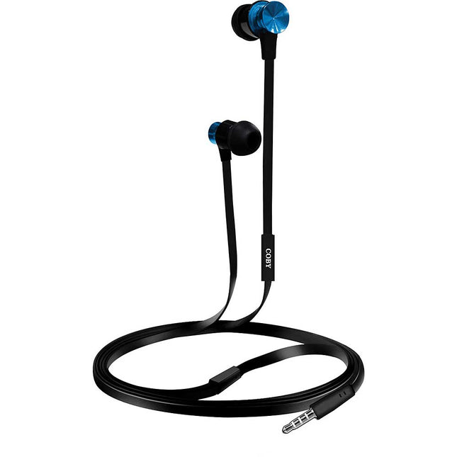 Aluminum Tangle-Eree Stereo Earbuds w/Mic, Blue