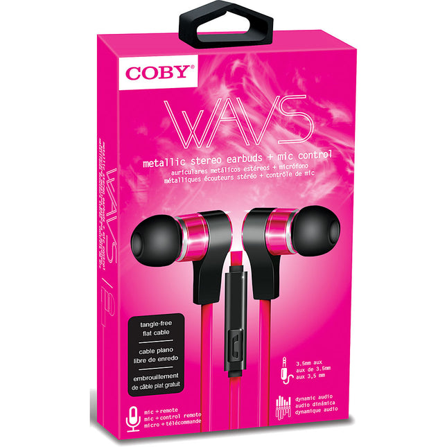 Tangle-Free Flat Cable Metal Stereo Earbuds, Pink