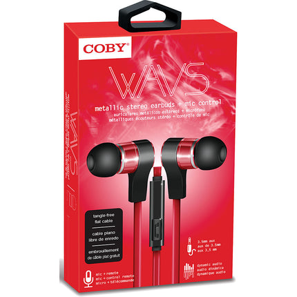 Tangle-Free Flat Cable Metal Stereo Earbuds, Red