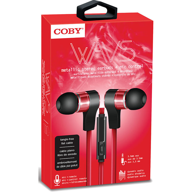 Tangle-Free Flat Cable Metal Stereo Earbuds, Red