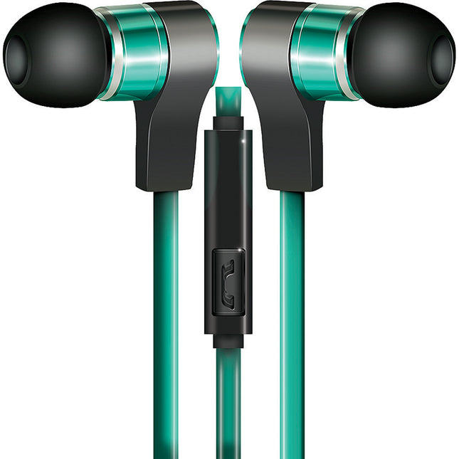 Tangle-Free Flat Cable Metal Stereo Earbuds, Turquoise
