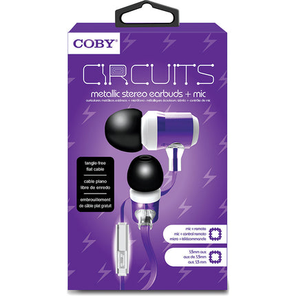 Tangle-Free Flat Cable Metal Stereo Earbuds, Violet