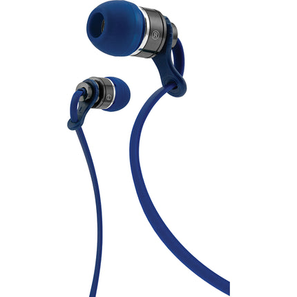 Deluxe  Tangle Free Cable Metal Stereo Earbuds w/Mic, Blue