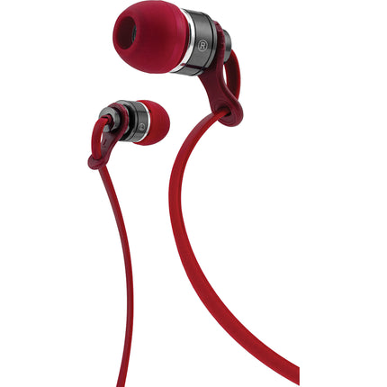 Deluxe  Tangle Free Cable Metal Stereo Earbuds w/Mic, Red