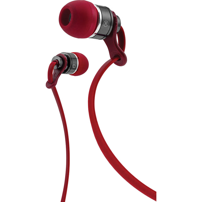 Deluxe  Tangle Free Cable Metal Stereo Earbuds w/Mic, Red