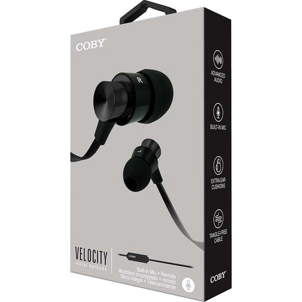 Aluminum Tangle Free Stereo Earbuds w/Mic, Black