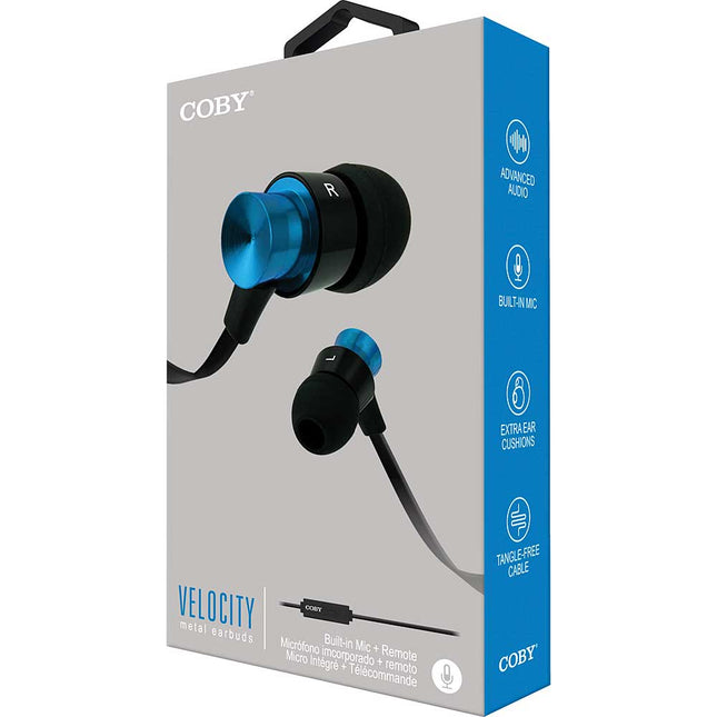 Aluminum Tangle Free Stereo Earbuds w/Mic, Blue