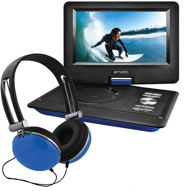 10" Portable DVD Player Swivel Screen with Matching Headphones & Car Headrest Mount, Blue