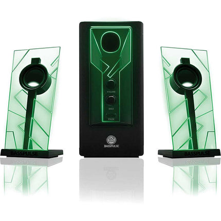 2.1 Stereo Speaker Sound System w/Powered Subwoofer, Green LED Glow Lights