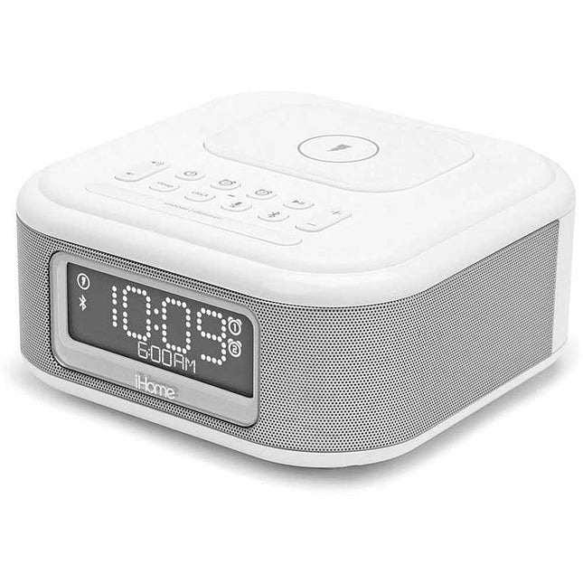 Wireless Charging Bluetooth Alarm Clock with Speakerphone & USB Port, White