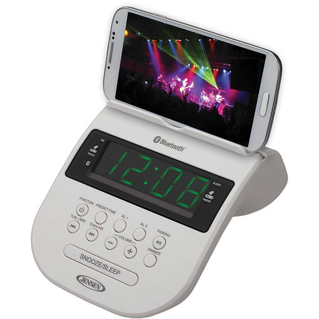 JCR295W Bluetooth Clock Radio w/ Cellphone Holder, White
