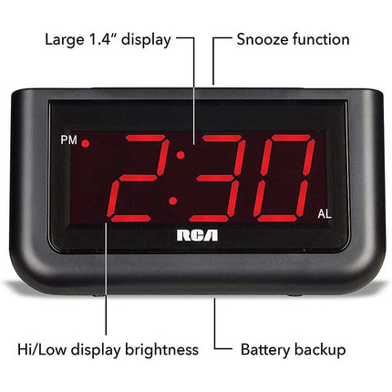 Digital Alarm Clock - Large 1.4" LED Display with Brightness Control and Repeating Snooze