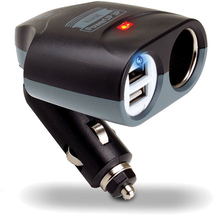 Powerup 3P DC To USB CAR Charger w/Dual Universal USB Ports, Black