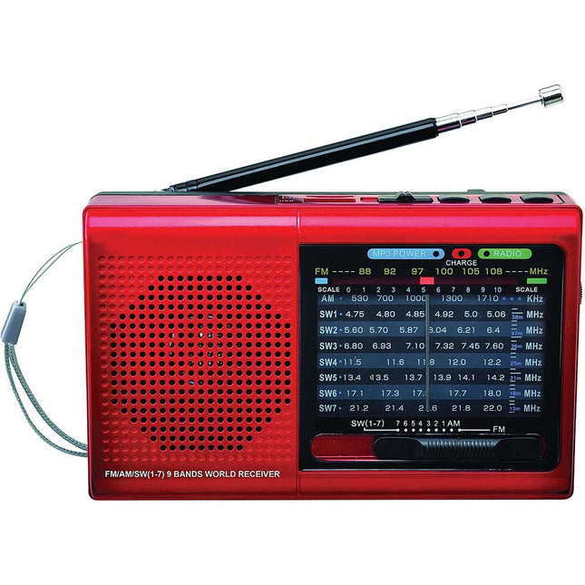 9 Band Bluetooth Radio with AM/FM and SW1-7, Red