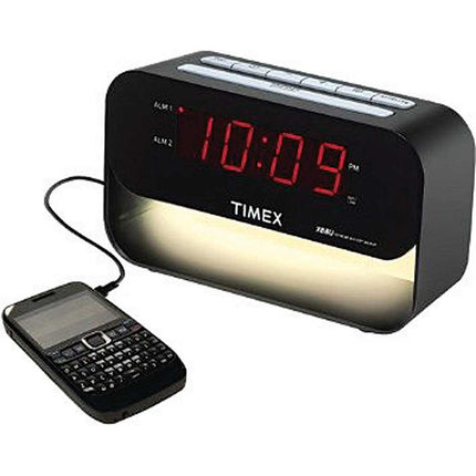 Dual Alarm Clock w/USB Charging and Night Light, Black