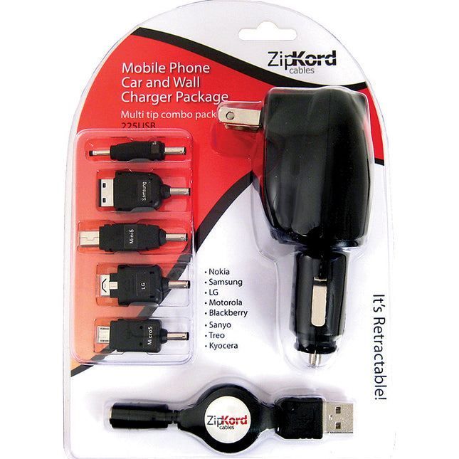 225USB Multi-Tip Retractable Car/Wall/PC Combo Charger Pack