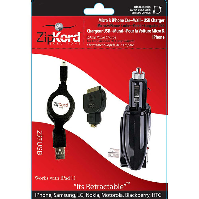 237USB Micro Tip, iPad & iPhone Dual USB Car/Wall Charger
