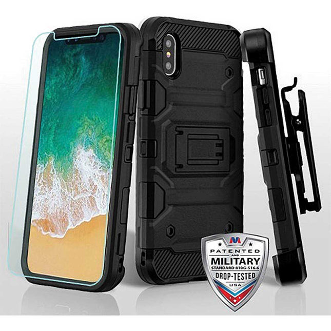 3in1 Ballistic Hybrid Protector Cover Combo With Tempered Glass, Black/Black