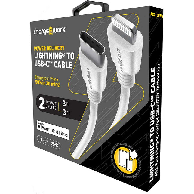 Power Delivery 3ft Cables Lightning to UCB-C, 2 Pack, White