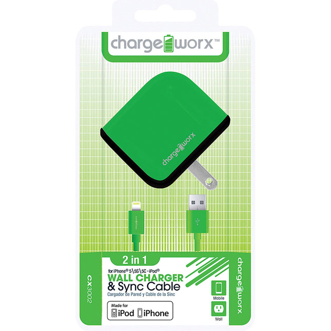 USB Wall Charger & Sync Cable for iPhone 5/5S/5C, 6/6Plus, Green