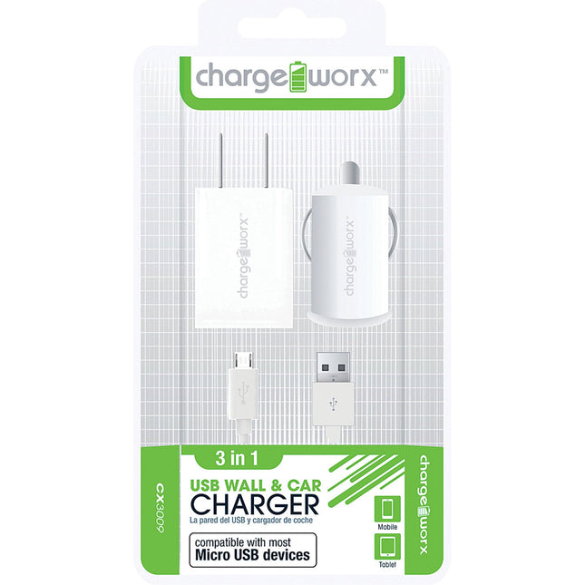 Wall & Car Charger for Micro-USB Sync Cable, White