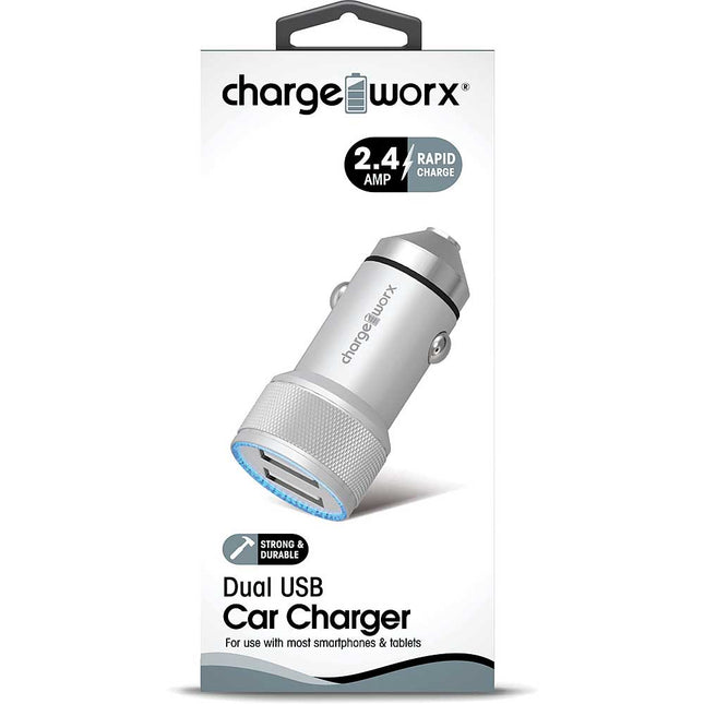 2.4 Dual USB Car Charger with Escape Hammer, Silver