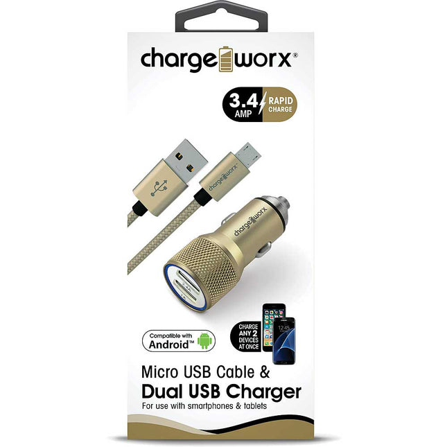 3.4 Dual USB Car Charger with Escape Hammer & Micro USB Cable, Gold