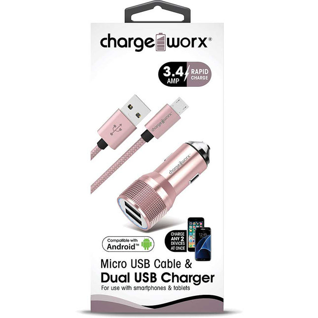 3.4 Dual USB Car Charger with Escape Hammer & Micro USB Cable, Rose Gold