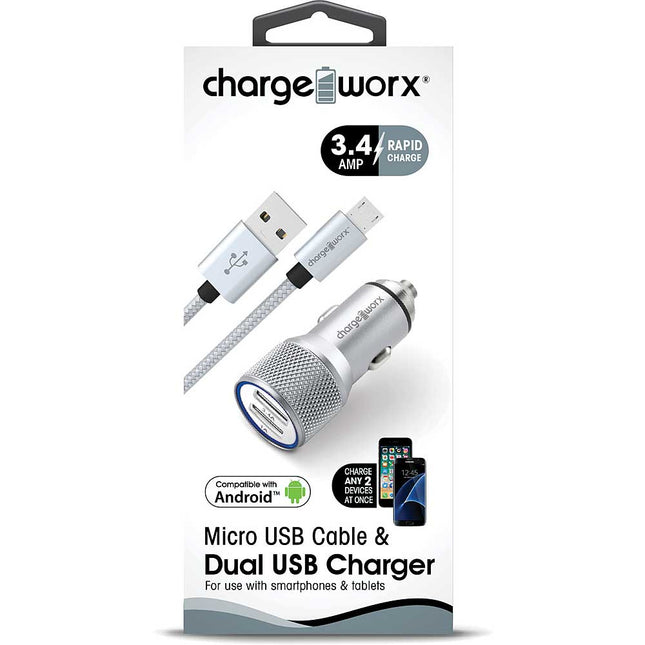 3.4 Dual USB Car Charger with Escape Hammer & Micro USB Cable, Silver