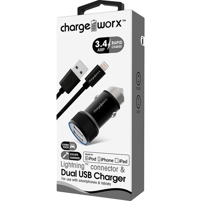 3.4Amp USB Car Charger & Lightning Cable, Black