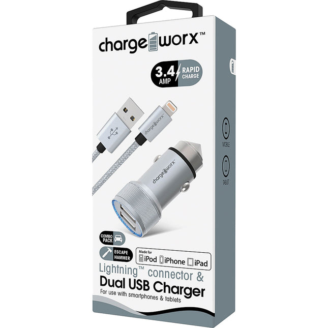 3.4Amp USB Car Charger & Lightning Cable, Silver