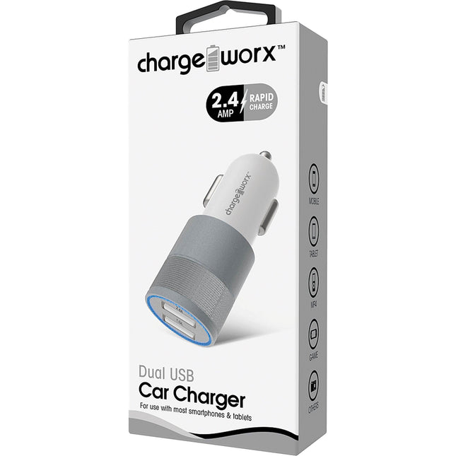 2.4 Dual USB Car Charger, White/Silver