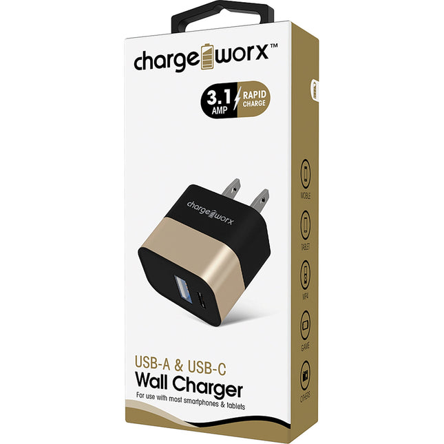 USB+USB C Metal Wall Charger, Gold