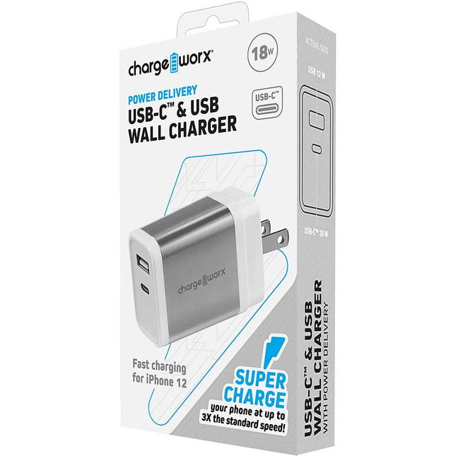 USB-C & USB Wall Charger w/Power Delivery, White/Silver