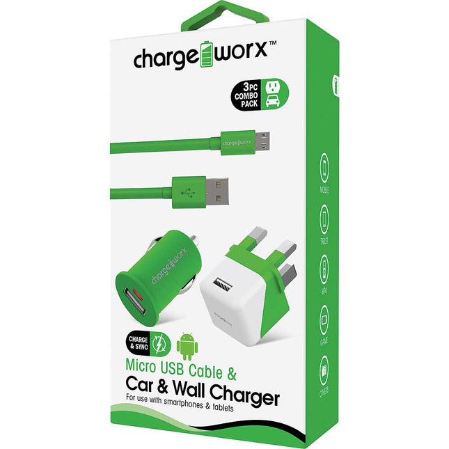 USB Wall + Car Chargers & Micro USB Cable, Green