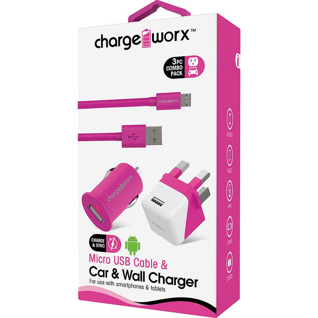 USB Wall + Car Chargers & Micro USB Cable, Pink