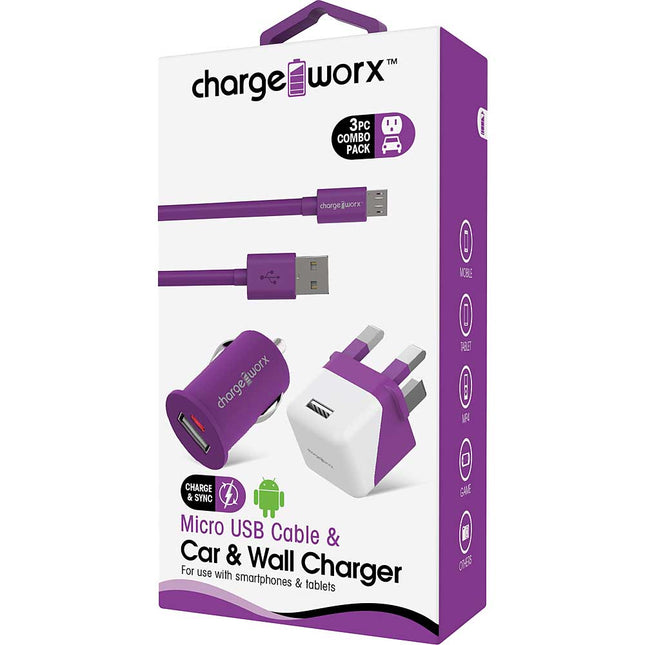 USB Wall + Car Chargers & Micro USB Cable, Violet