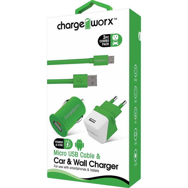 USB Wall + Car Chargers & Micro USB Cable, Green