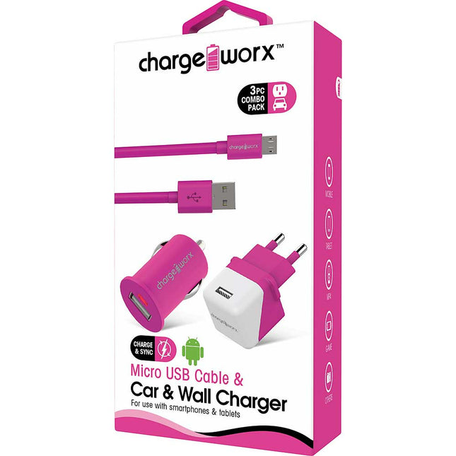 USB Wall + Car Chargers & Micro USB Cable, Pink