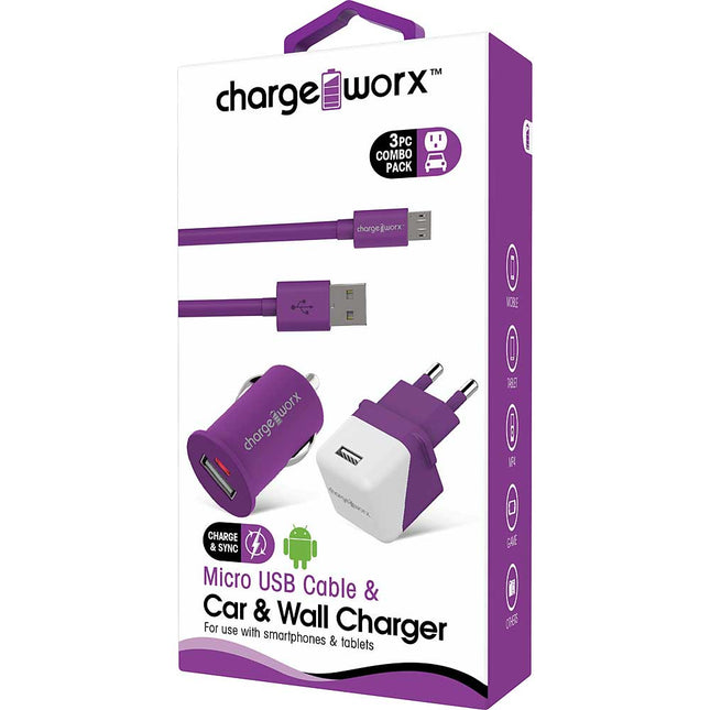 USB Wall + Car Chargers & Micro USB Cable, Violet