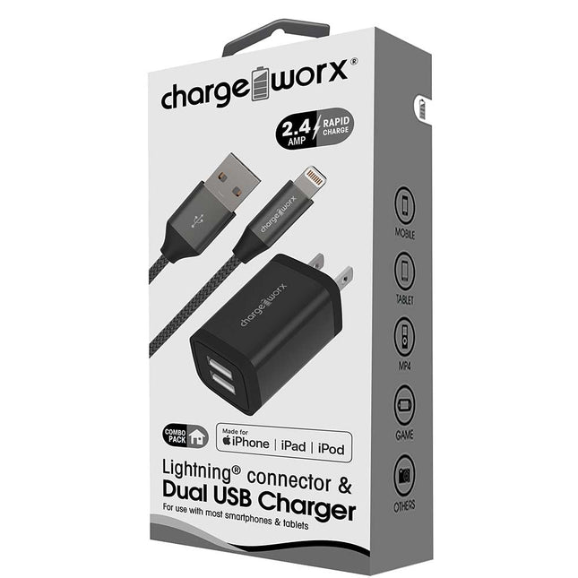 2.4A Dual USB Metal Wall Charger & Lightning Cable, Black