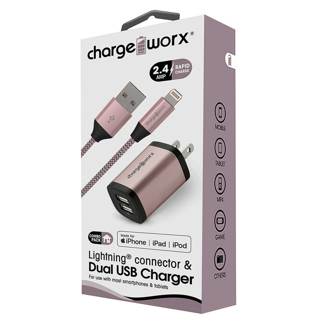 2.4A Dual USB Metal Wall Charger & Lightning Cable, Rose Gold